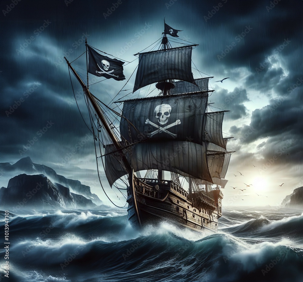 A privateer pirate ship with a pirate flag sails across the ocean in storms and high waves, AI generated, AI generated