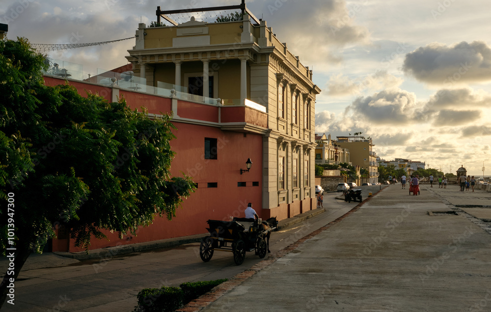 Fototapeta premium Cartagena treet view at sunset, Colombia