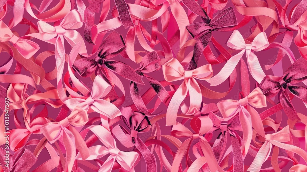 Vibrant pink ribbons and bows in a decorative arrangement. Vibrant pink ribbons and bows in a decorative arrangement.