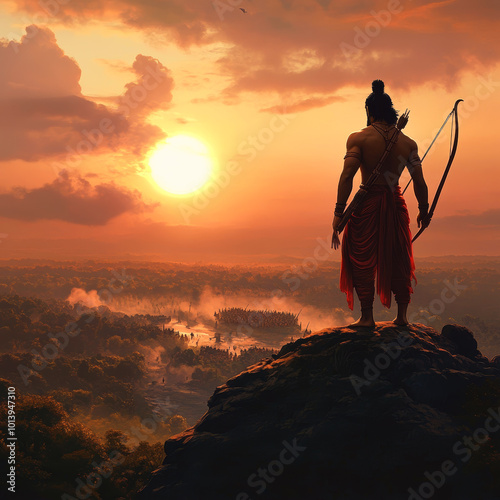 Lord Ram Vector Illustration Hindu God Mythology Ramayana Epic Sunset Warrior Bow Arrow Army Battle Courage Determination photo