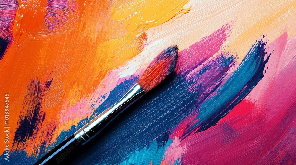 Obraz premium Colorful paint strokes with a brush on a vibrant canvas.
