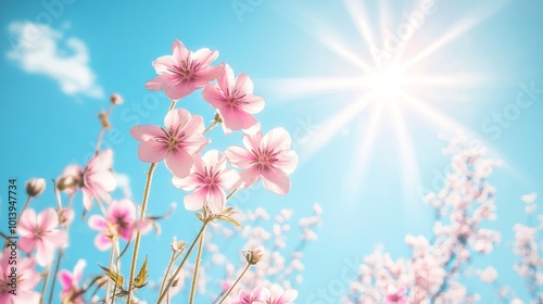 Pink cherry blossoms under bright blue sky, springtime scenery. Nature and renewal concept