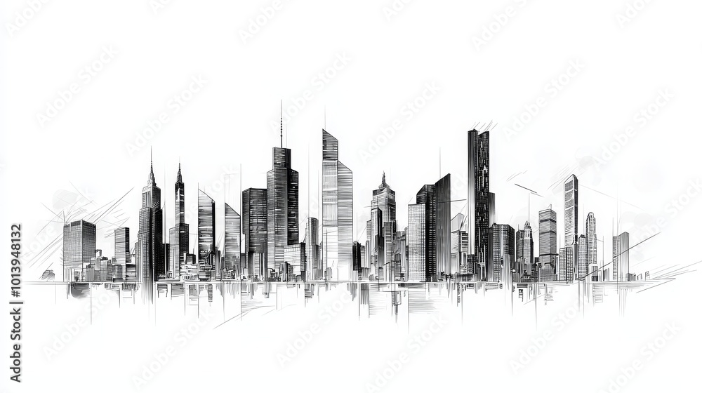 A Captivating Urban Silhouette Showcasing Towering Skyscrapers Against a Pristine White Background, Embodying Modern Architectural Elegance. A Captivating Urban Silhouette Showcasing Towering Skyscrapers Against a Pristine White Background, Embodying Modern Architectural Elegance.