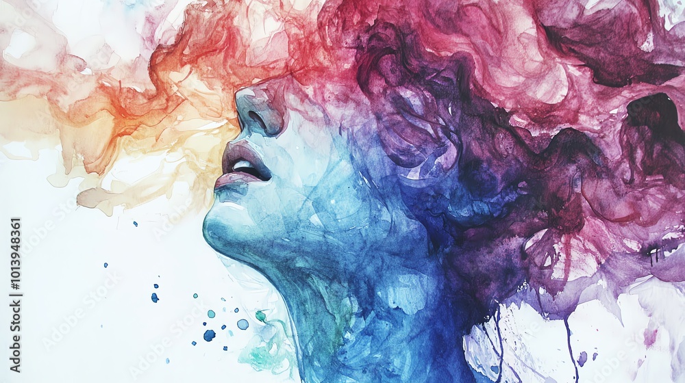 Fototapeta premium Colorful watercolor portrait depicting emotions and thoughts in vibrant hues.
