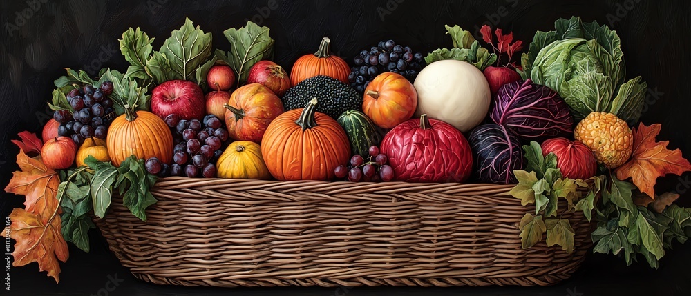 A vibrant basket filled with assorted fruits and vegetables, showcasing nature's abundance and seasonal colors. A vibrant basket filled with assorted fruits and vegetables, showcasing nature's abundance and seasonal colors.