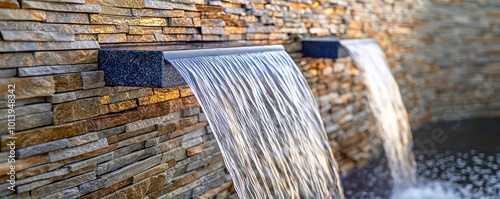 A close-up of a luxury resort's facade, designed with natural stone and cascading water features that mimic a waterfall photo