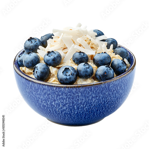 A bowl of oatmeal with blueberries and coconut shavings isolated on transparent background.