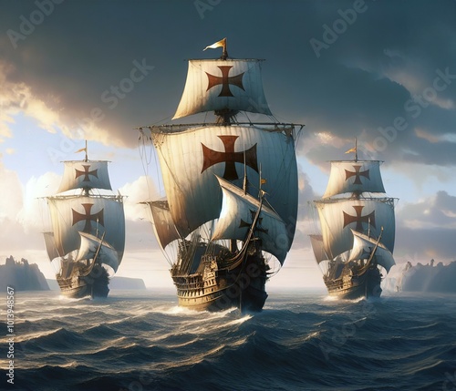 Obraz na płótnie The caravels of Christopher Columbus, Christopher Columbus or Cristóbal Colón off the American coast on the ocean, AI generated, AI generated w salonie