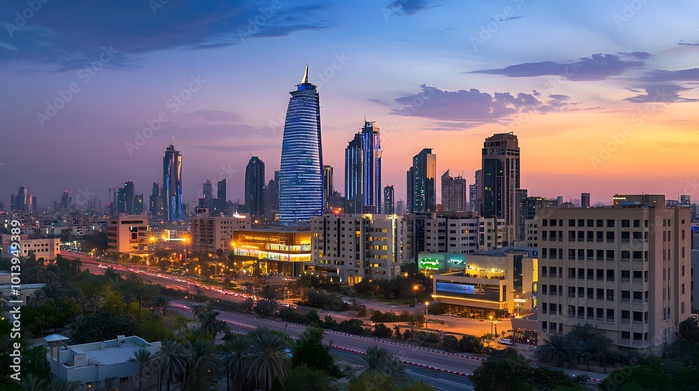 Fototapeta premium KAFD buildings in Riyadh during the blue hour, showcasing the city's modern skyline and illuminated architecture against a tranquil evening backdrop