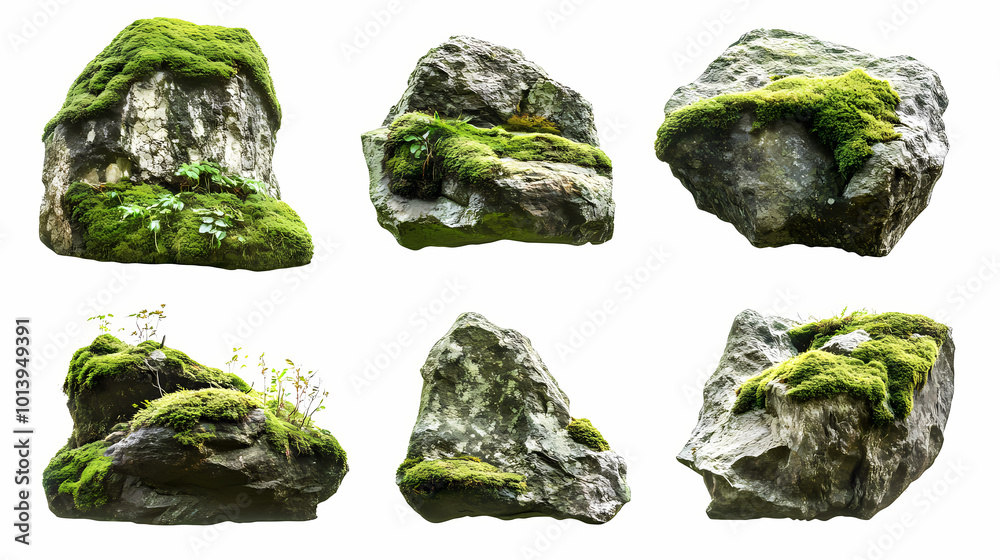 Set of natural moss-covered rocks and boulders isolated on white, nature and ecology concept. Moss-Covered Rocks. Illustration Set of natural moss-covered rocks and boulders isolated on white, nature and ecology concept. Moss-Covered Rocks. Illustration