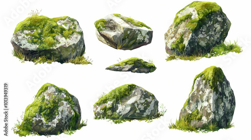 Set of natural moss-covered rocks and boulders isolated on white, nature and ecology concept. Moss-Covered Rocks. Illustration