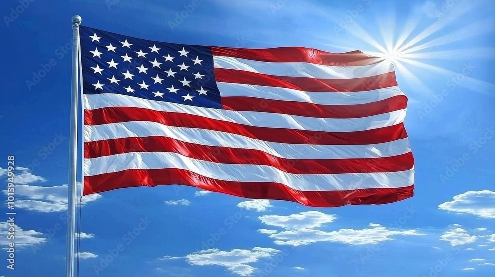 Fototapeta premium The Majestic American Flag Waves Proudly Underneath a Bright Blue Sky with Delicate Clouds, Symbolizing Freedom and Unity for All