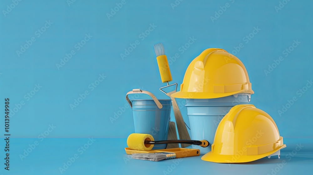 Two yellow safety helmets, a paint roller, paint brushes, and a paint bucket on a blue background. Generative AI Two yellow safety helmets, a paint roller, paint brushes, and a paint bucket on a blue background. Generative AI