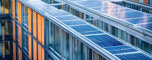 A close-up of a university campus with buildings connected by enclosed glass walkways that feature photovoltaic cells, providing power and weather protection