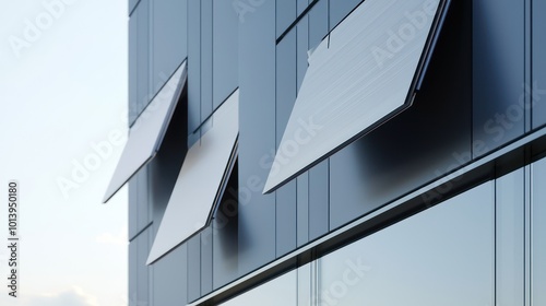 A close-up view of an innovative exterior cladding system on a commercial building, featuring movable panels that provide dynamic shading throughout the day