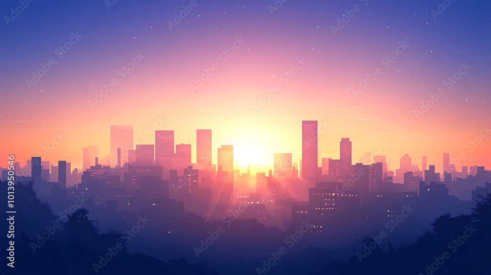Fototapeta premium A cityscape silhouette with a vibrant sunrise in the background.