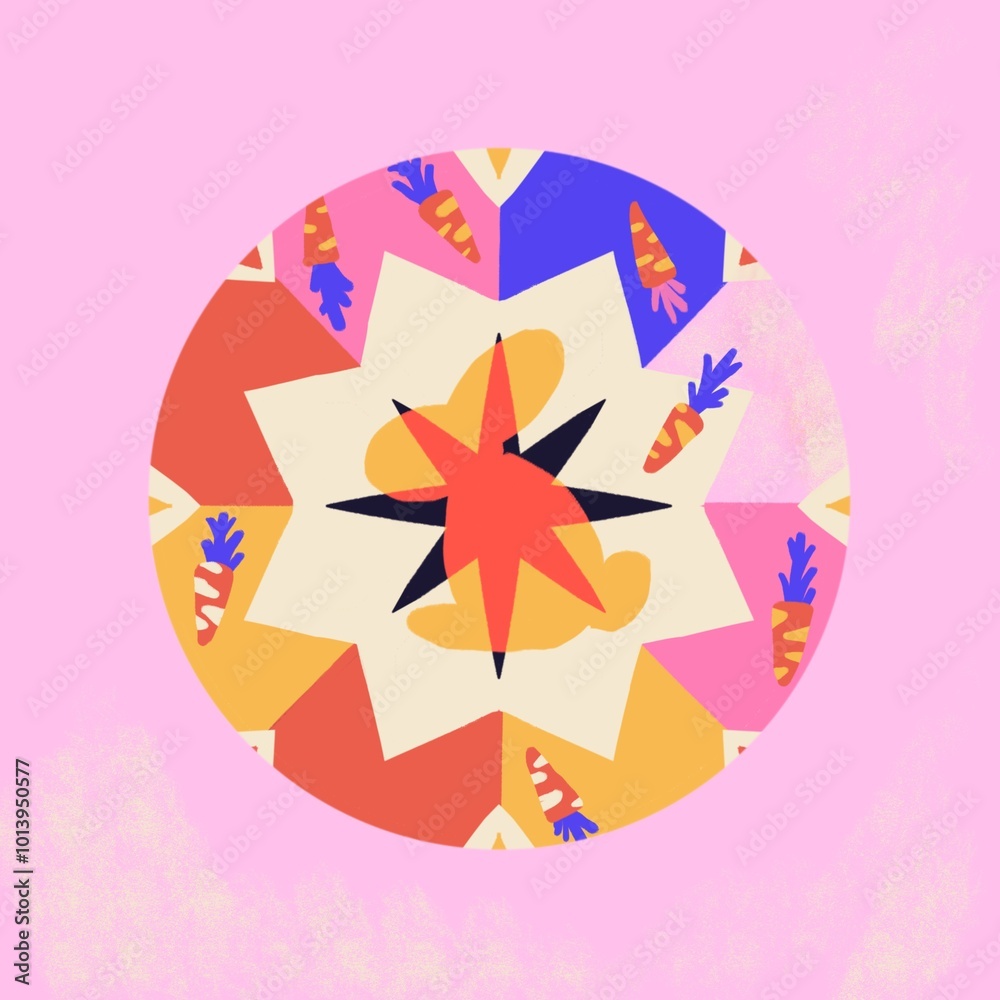 Fototapeta premium Rabbit Carrot Circle Icon. Raster Hand Drawn Illustration of Cute Cartoon Style Graphic Concept. Triangle and Geometrical Shape.