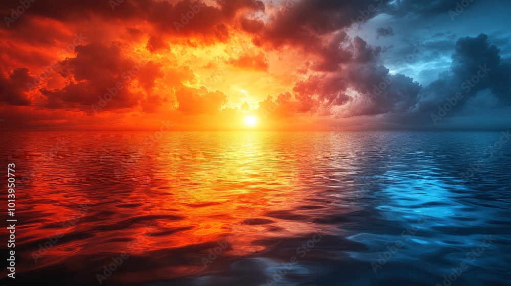 Dramatic Sunset over the Ocean with Red and Blue Sky Dramatic Sunset over the Ocean with Red and Blue Sky