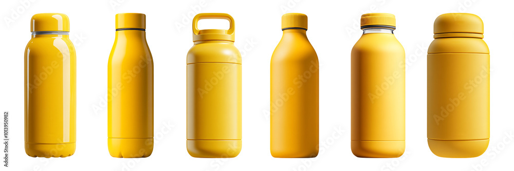 Collection of yellow insulated bottles for drinks isolated on transparent background