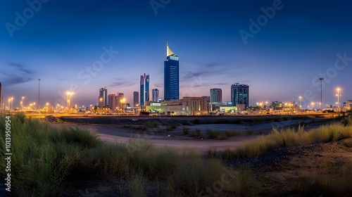 KAFD buildings in Riyadh during the blue hour, showcasing the city's modern skyline and illuminated architecture against a tranquil evening backdrop