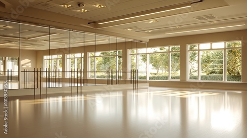 A contemporary ballet studio with large mirrors, barres, and a serene, spacious dance floor