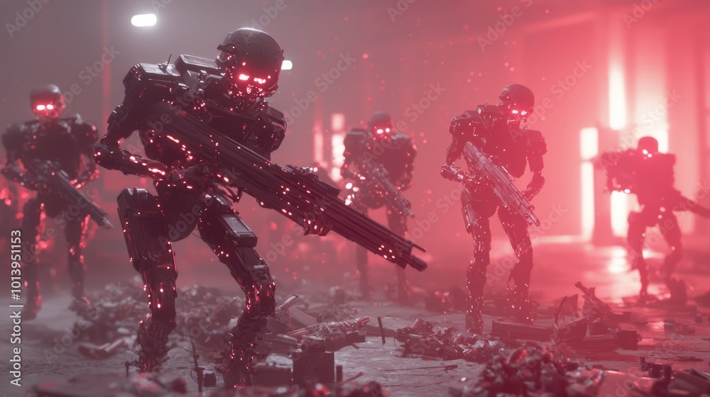 Hostile AI Dystopia - Cinematic Battle of Human Rebels vs. AI Drones in Desolate Warehouse with Ray Tracing Detail Hostile AI Dystopia - Cinematic Battle of Human Rebels vs. AI Drones in Desolate Warehouse with Ray Tracing Detail