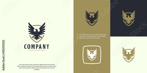 Eagle silhouette and defense shield, emblem, power, logo graphic design.
