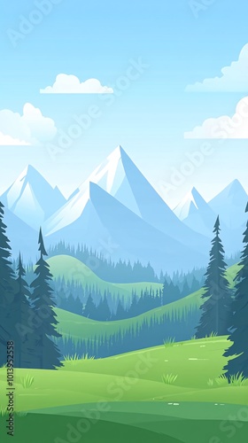 A picturesque mountain range with snow-capped peaks and lush green valleys.