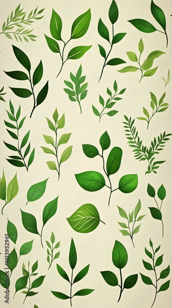 A seamless pattern of green leaves on a cream background. A seamless pattern of green leaves on a cream background.