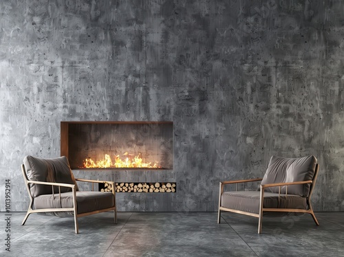 Two modern armchairs face a fireplace with flames in a contemporary living room with a concrete wall. photo