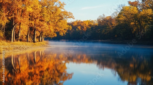 A serene river scene with autumn foliage reflected in the water, creating a beautiful landscape.