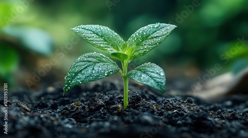 Fresh Green Sprout With Dew Drops Emerging From Soil