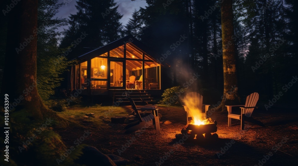 A cozy cabin illuminated by a warm campfire in a serene, wooded landscape, capturing the essence of tranquility and escape into nature. A cozy cabin illuminated by a warm campfire in a serene, wooded landscape, capturing the essence of tranquility and escape into nature.