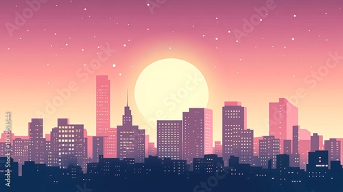 A stylized city skyline with a large full moon in the background at dusk.