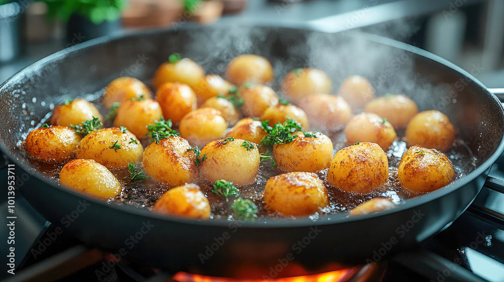 Close-up of boiling baby potatoes in a stainless steel pot with parsley garnish. Steam rises from the dish, giving a fresh, delicious feel to this home-cooked meal Close-up of boiling baby potatoes in a stainless steel pot with parsley garnish. Steam rises from the dish, giving a fresh, delicious feel to this home-cooked meal