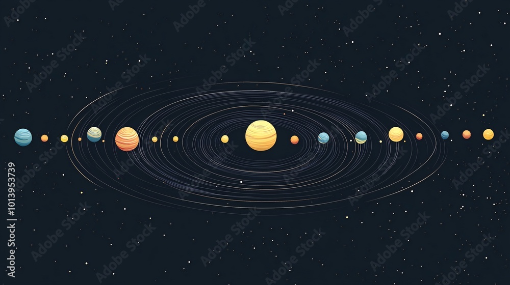 A stylized illustration of the solar system with the sun in the center and the planets orbiting around it, against a dark background with stars. A stylized illustration of the solar system with the sun in the center and the planets orbiting around it, against a dark background with stars.