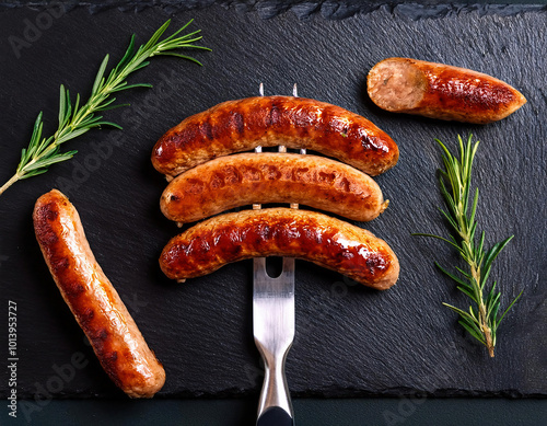 Grilled sausages on a metal meat fork with rosemary on a dark stone background. top view