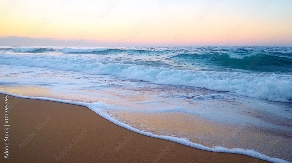 A tranquil beach scene at sunrise with soft waves lapping at the shore. A tranquil beach scene at sunrise with soft waves lapping at the shore.