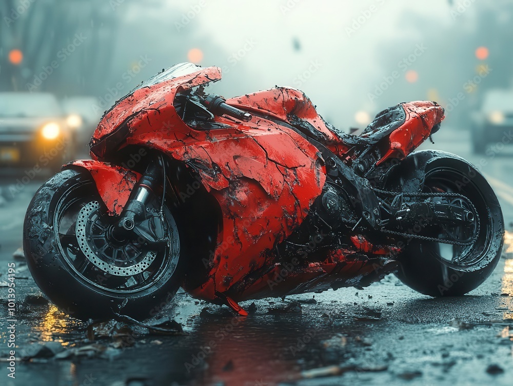 a harrowing scene of a damaged motorcycle after a severe traffic ...