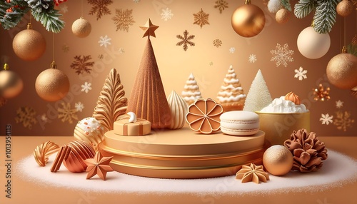 Elegant podium display of holiday treats and festive decorations for a joyful celebration. Generative AI