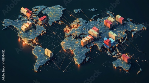 A detailed 3D map of the world showcasing shipping containers and global trade routes, highlighting international commerce.