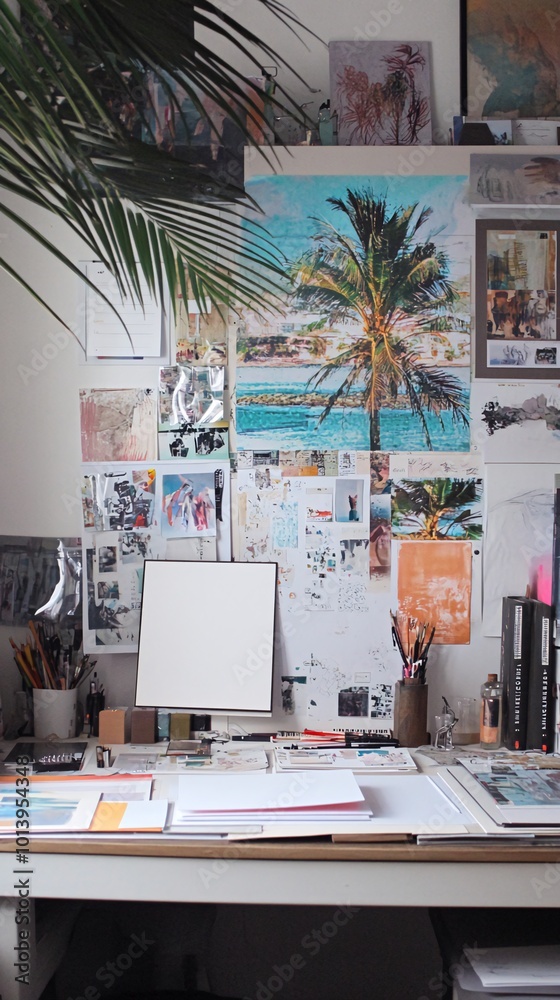 Obraz premium A white desk with a computer monitor, pencils, and papers in a cluttered workspace with a tropical inspiration mood board on the wall.