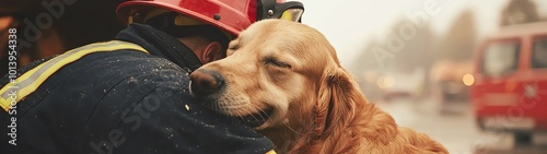 A firefighter embraces a golden retriever, showcasing the bond between humans and dogs in a moment of affection and relief.
