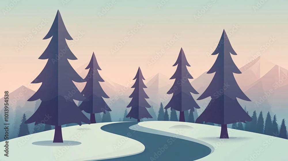 Fototapeta premium A winding road through a snowy forest with mountains in the background.