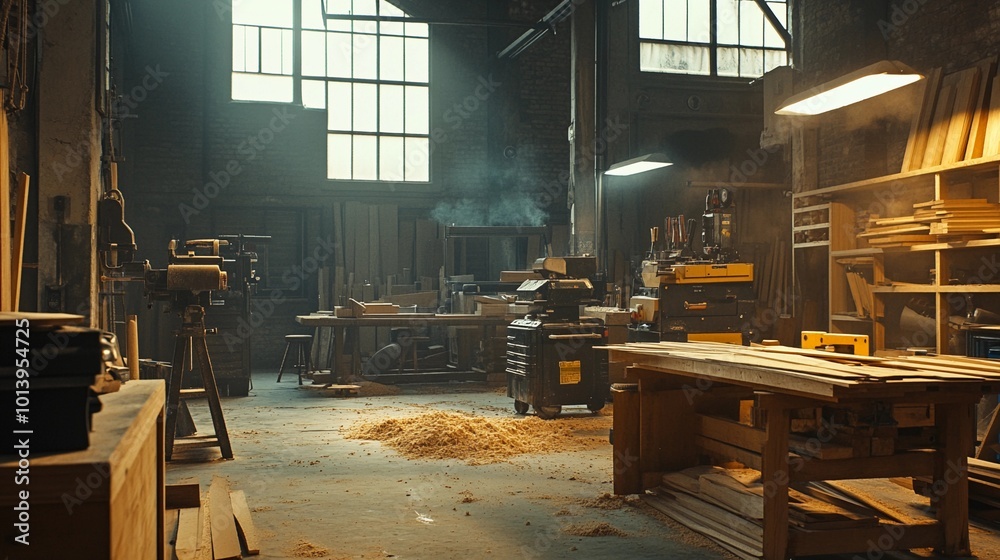 Busy woodworking workshop, sawdust-covered floor, power tools, wood planks, work tables with various projects, industrial lighting Busy woodworking workshop, sawdust-covered floor, power tools, wood planks, work tables with various projects, industrial lighting