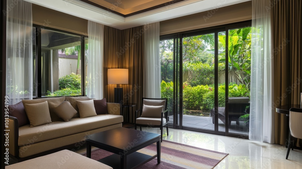 Elegant Living Room with Garden View in Modern Home Elegant Living Room with Garden View in Modern Home