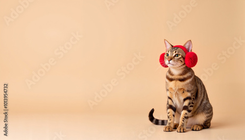 Trendy tabby cat wearing red earmuffs on a soft beige background, Pet Day