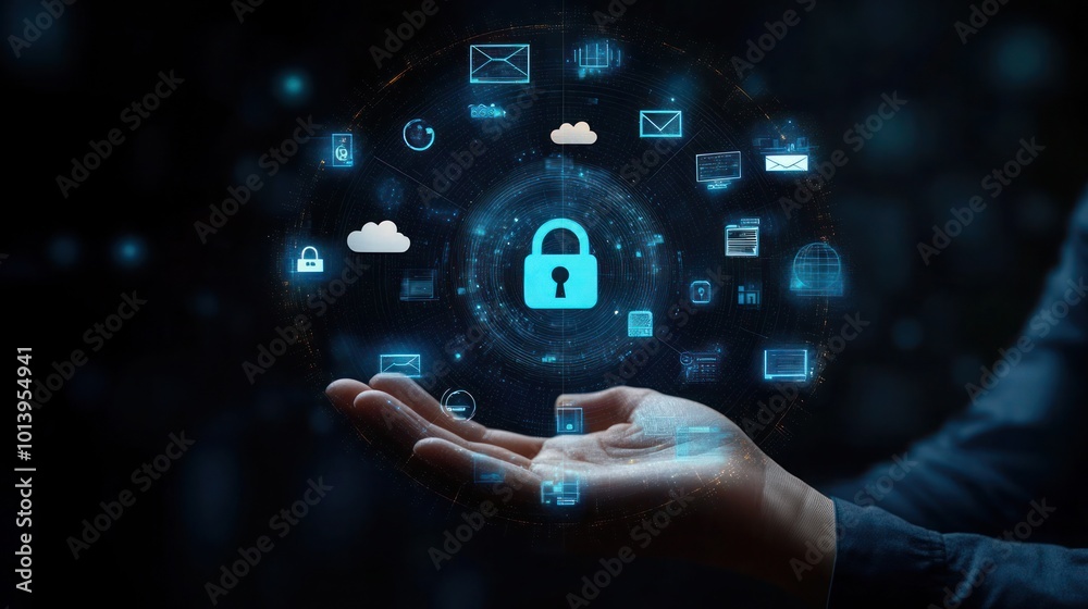 Blue cloud figure with a lock sign. Data security and protection concept, 3d rendering Blue cloud figure with a lock sign. Data security and protection concept, 3d rendering
