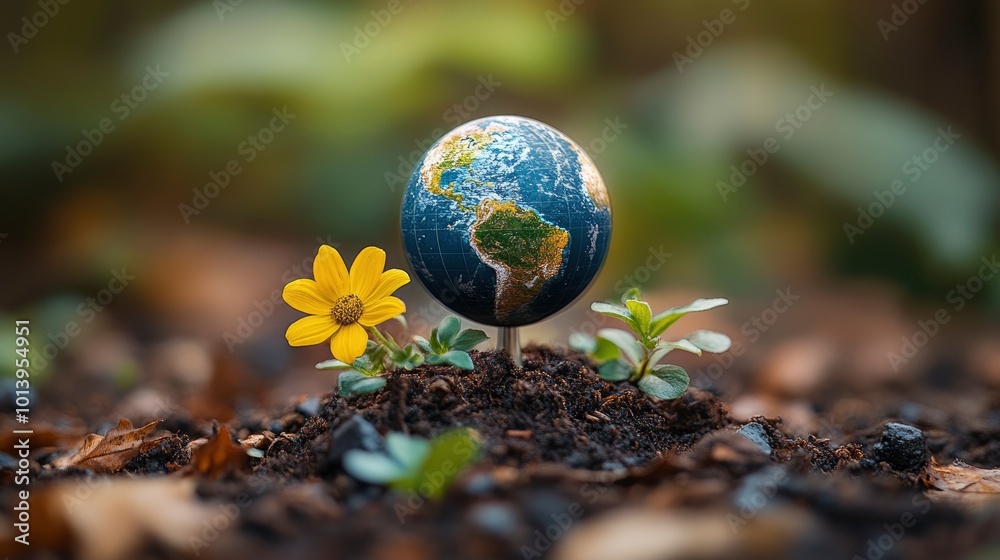Earth Globe Growing in Soil with Yellow Flower