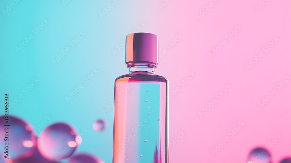 A stylish cosmetic bottle with a shiny cap, surrounded by colorful bubbles against a vibrant pink and blue background. A stylish cosmetic bottle with a shiny cap, surrounded by colorful bubbles against a vibrant pink and blue background.